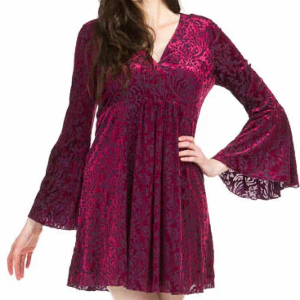 Papillon Burnout Velvet Damask Bell Sleeve Goth Tunic Dress